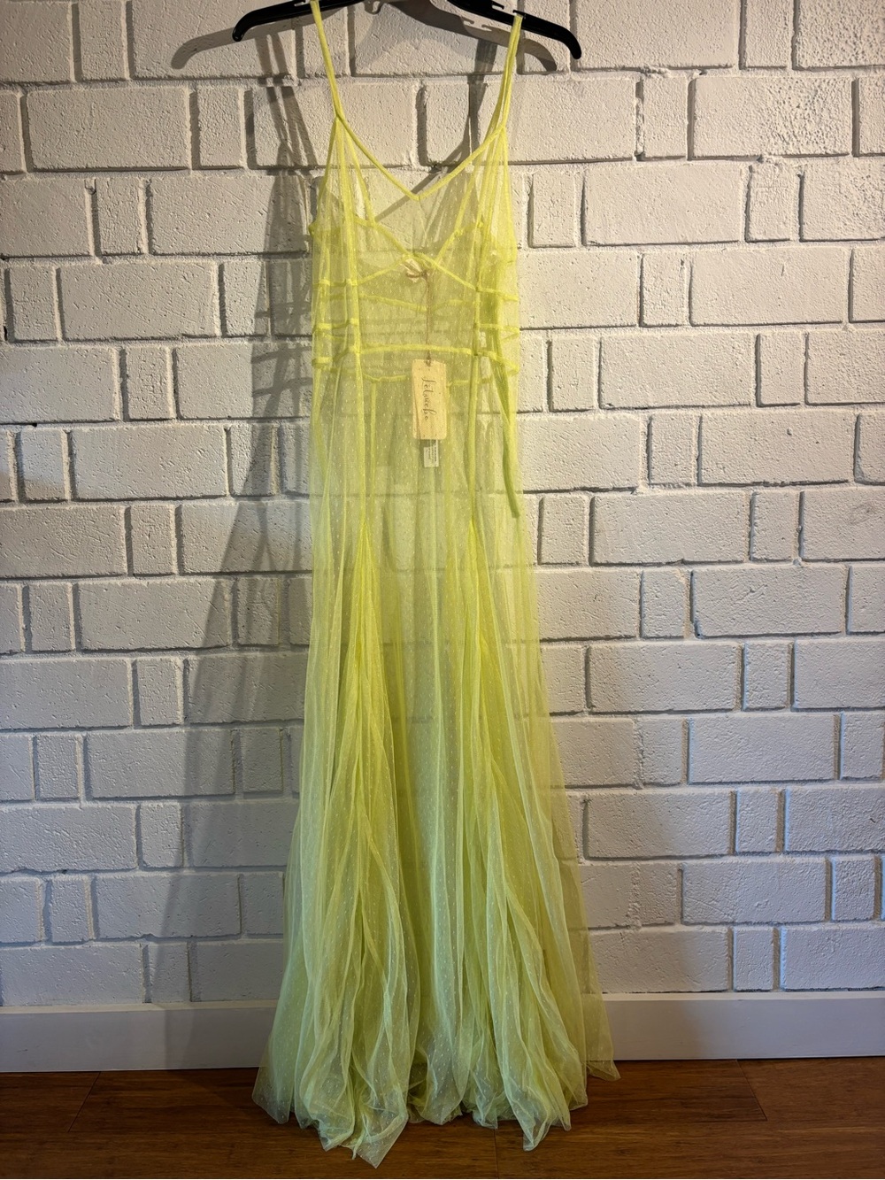 Anthropologie Sheer Neon Yellow Maxi Dress with Spaghetti Straps